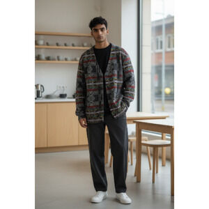 M842) Black Scale Colorful Aztec Geo Print Button Down Retro Sweater Jacket L